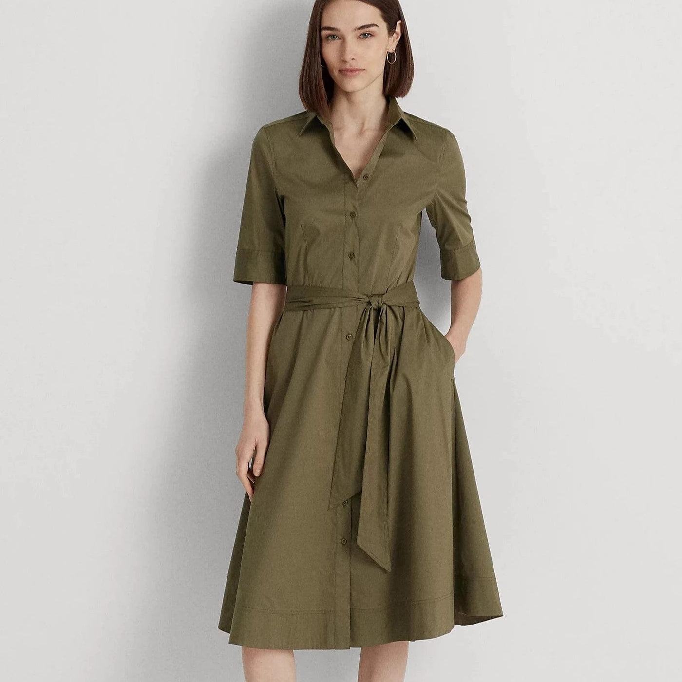 Lauren Ralph Lauren Belted Cotton-Blend Shirtdress in Olive Lauren Ralph Lauren Belted Cotton-Blend Shirtdress in Olive