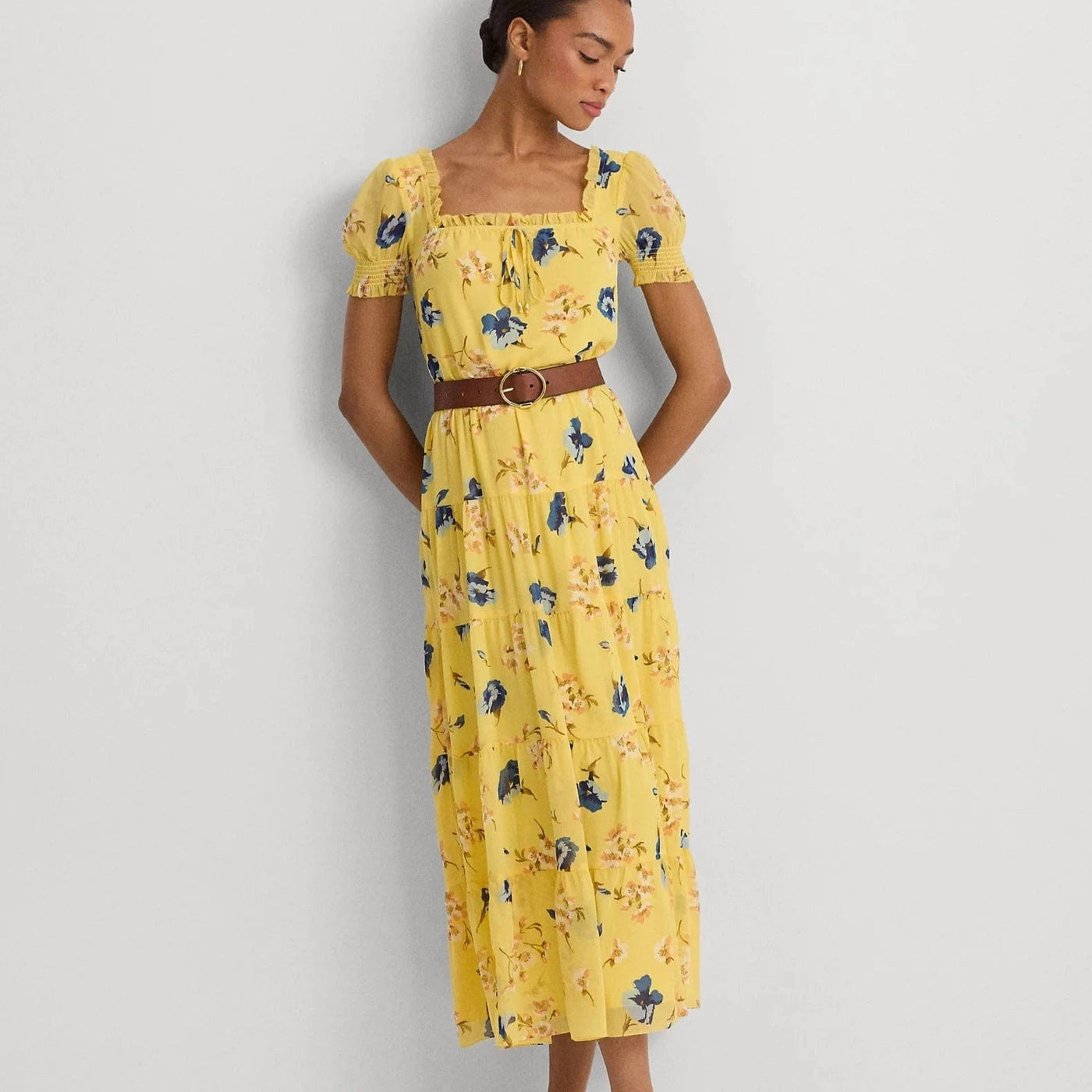 Lauren Ralph Lauren Floral Georgette Puff Sleeve Midi Dress Yellow Multi