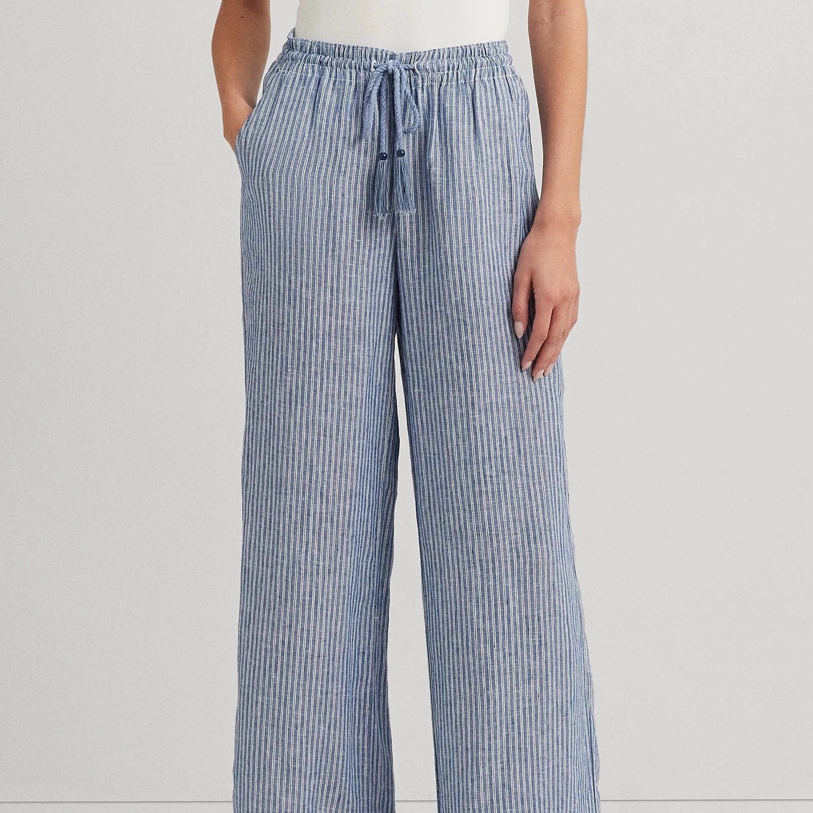 Lauren Ralph Lauren Pinstripe Linen Wide-Leg Trouser in Blue/White