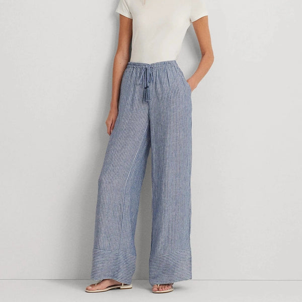 Lauren Ralph Lauren Pinstripe Linen Wide Leg Trouser in Blue White