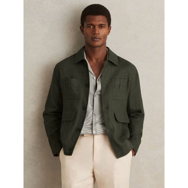 Reiss Adam Linen Four-Pocket Jacket In Khaki Green