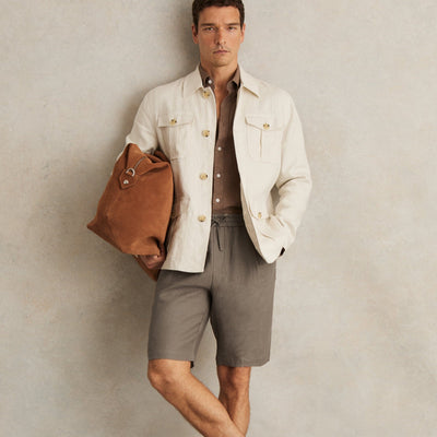 Reiss Barges Short Linen Drawstring Shorts in Mushroom Brown