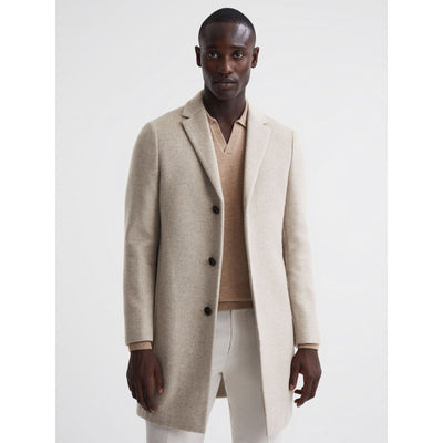 Reiss Clark Wool Blend Single Breasted Epsom Overcoat In Stone Melange