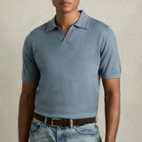 Reiss Duchie Merino Wool Open-Collar Polo Shirt In Blue