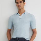 Reiss Era Textured-Knit Half-Button Polo Shirt in Soft Blue