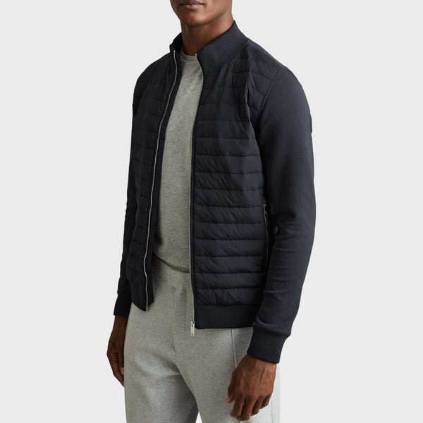 Reiss Freddie Hybrid Quilt and Interlock Jersey Zip-Through Jacket in Navy