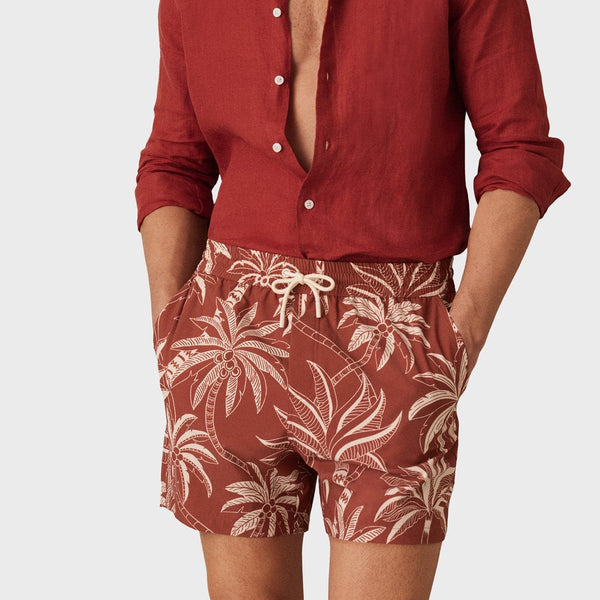 Reiss Ganetti Palm Print Swim Shorts in Brick Red/White