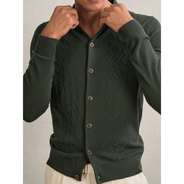 Reiss Gideon Wool V-Stitch Button-Through Cardigan in Forest Green