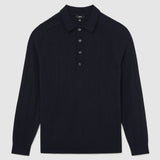 Reiss Greyson Merino Wool Wide-Rib Polo Jumper In Navy