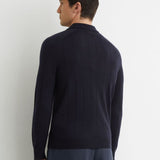 Reiss Greyson Merino Wool Wide-Rib Polo Jumper In Navy