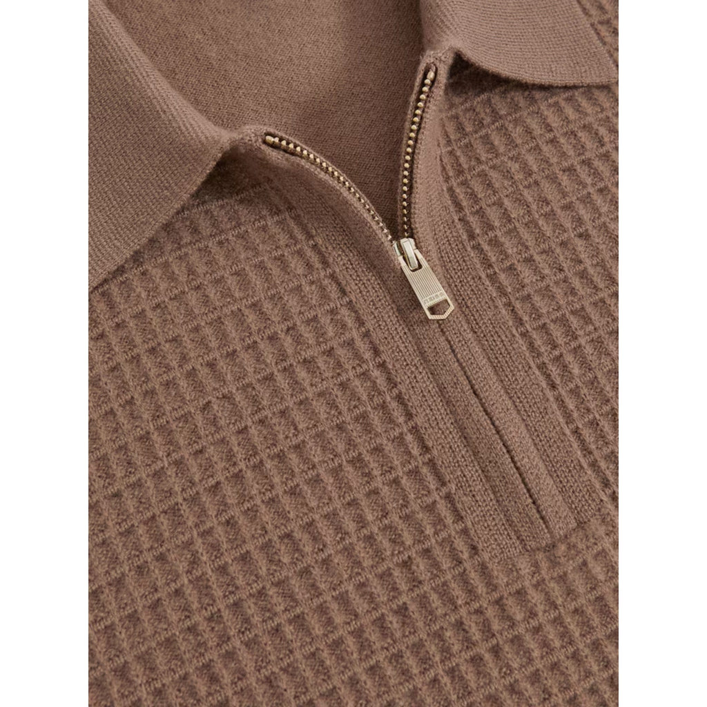 Reiss Hamilton Wool Waffle-Knit Half-Zip Polo Shirt in Camel Brown