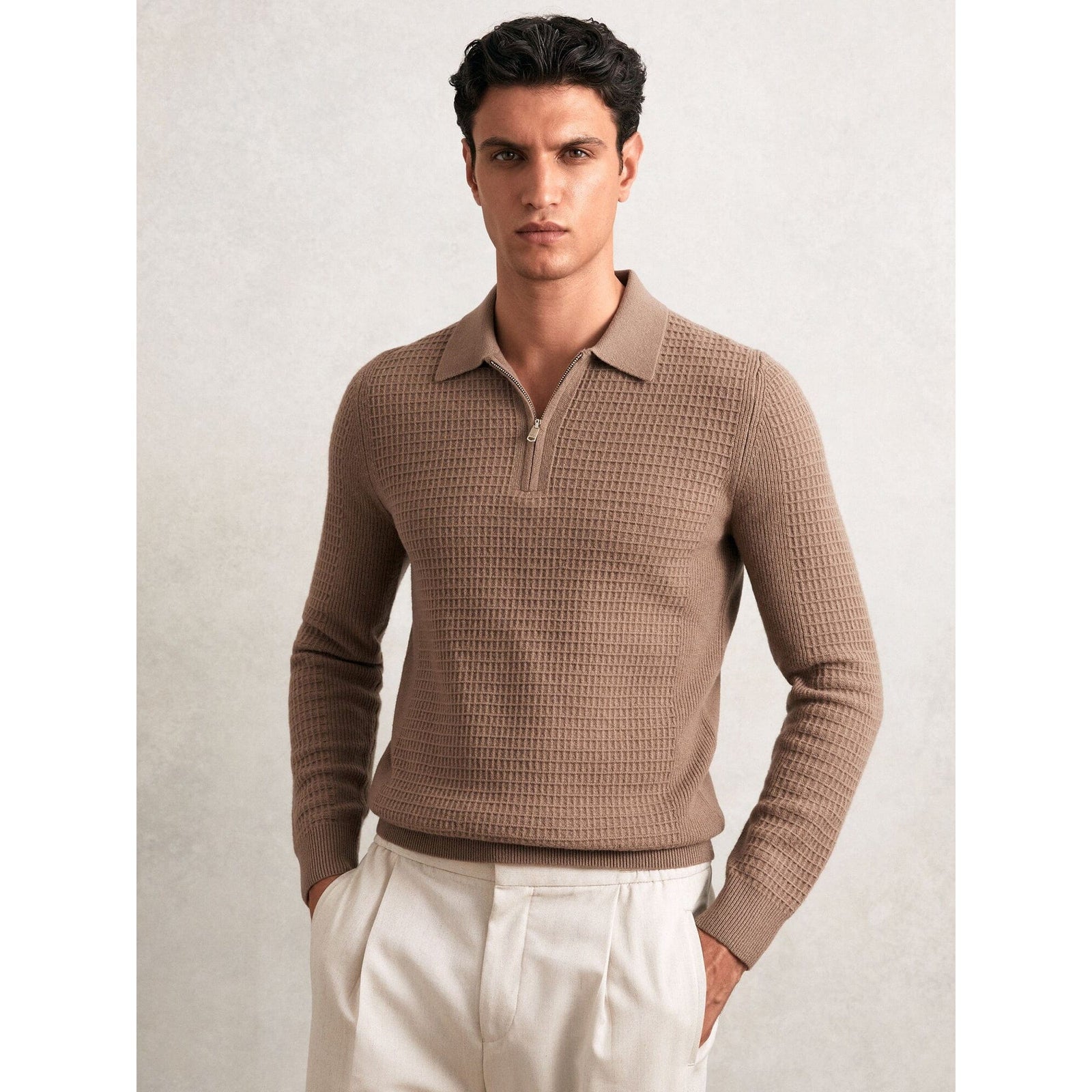 Reiss Hamilton Wool Waffle-Knit Half-Zip Polo Shirt in Camel Brown