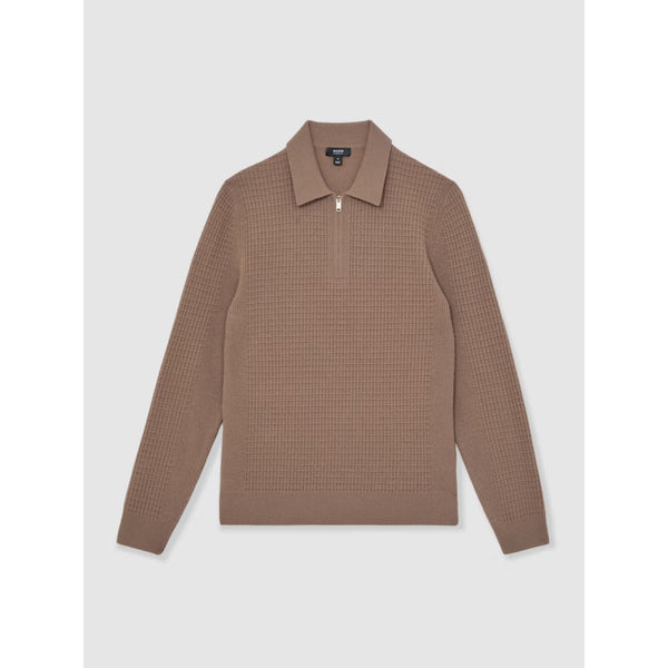 Reiss Hamilton Wool Waffle-Knit Half-Zip Polo Shirt in Camel Brown
