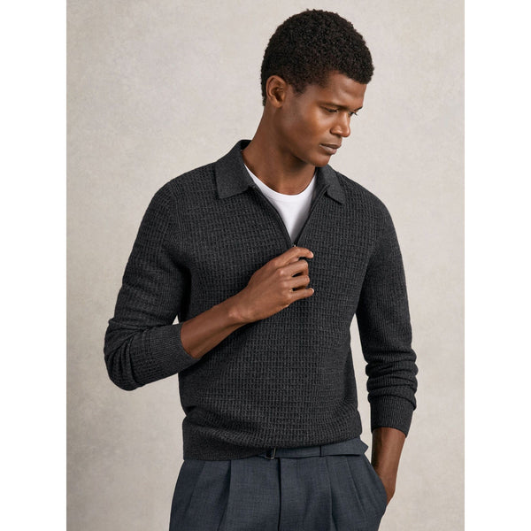 Reiss Hamilton Wool Waffle-Knit Half-Zip Polo Shirt In Charcoal Grey