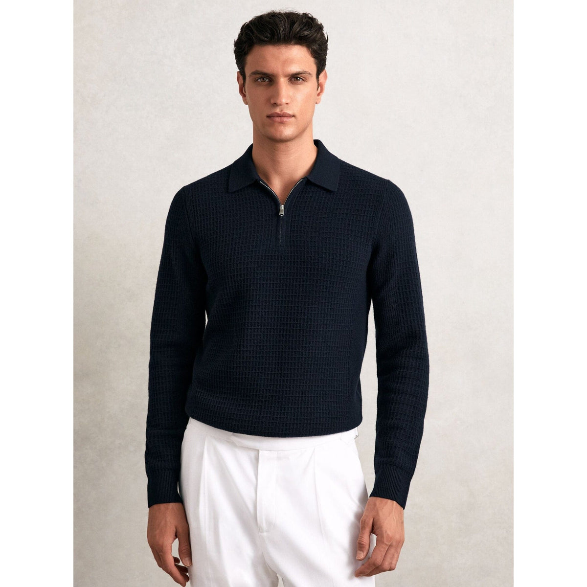 Reiss Hamilton Wool Waffle-Knit Half-Zip Polo Shirt in Camel Brown