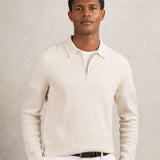 Reiss Hamilton Wool Waffle-Knit Half-Zip Polo Shirt in Off White