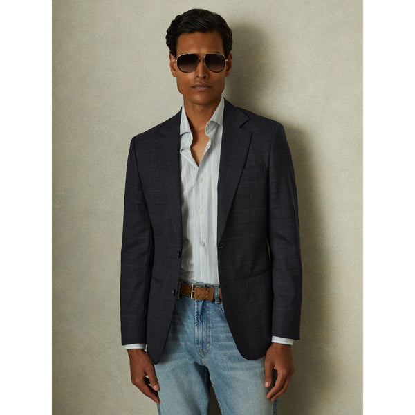 Reiss Jacob Wool-Blend Prince of Wales Check Single-Breasted Blazer Tailored-Fit in Navy