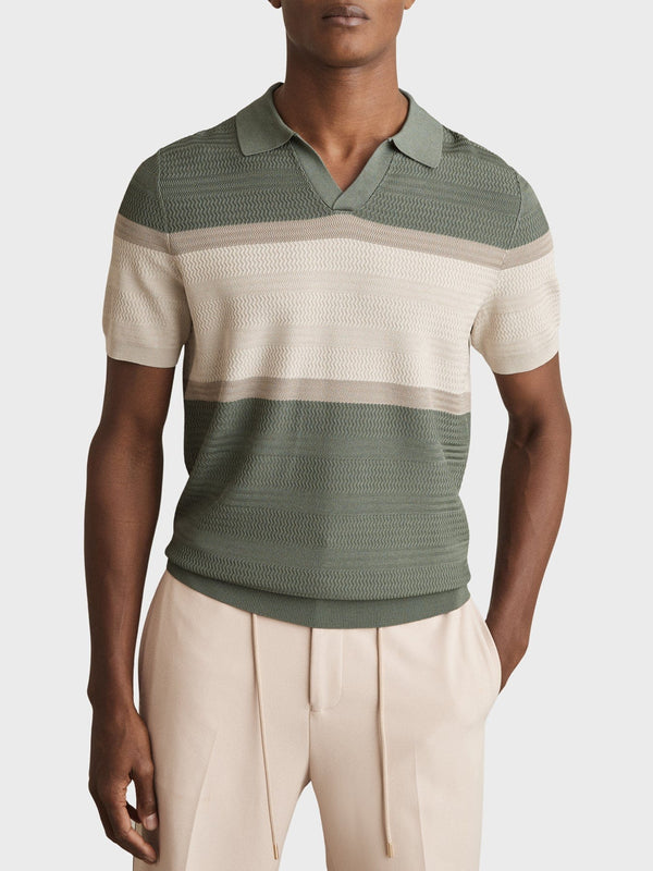 Reiss Jefferson Textured Knit Stripe Polo Shirt In Sage Green