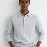 Reiss Long Sleeve Half Button Wide Ribbed Polo In Soft Grey