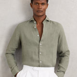 Reiss Long Sleeve Linen Shirt Ruban Thyme Green
