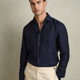 Reiss Long Sleeve Ruban Linen Shirt Navy