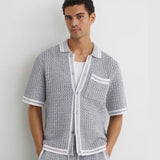 Reiss Meadows Cotton Crochet Button-Through Shirt in Soft Blue