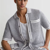 Reiss Meadows Cotton Crochet Button-Through Shirt in Soft Blue