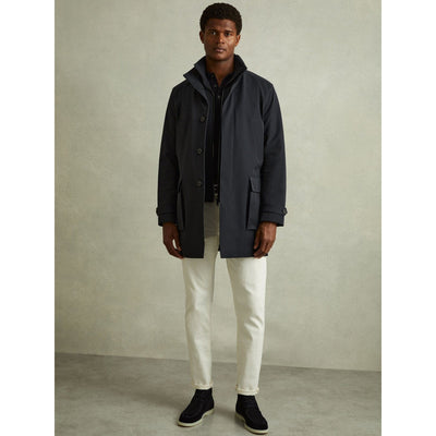 Reiss Player Hybrid Removable Funnel Neck Overcoat in Navy