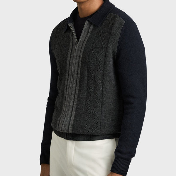 Reiss Tennant Wool Colour-Block Zip-Through Cardigan in Navy/Grey