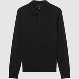 Reiss Trafford Merino Wool Long-Sleeve Polo Shirt in Black