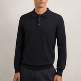 Reiss Trafford Merino Wool Long-Sleeve Polo Shirt In Navy