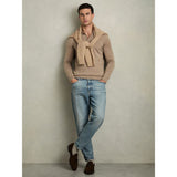 Reiss Trafford Merino Wool Long Sleeve Polo Shirt in Warm Taupe Melange
