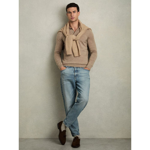 Reiss Trafford Merino Wool Long Sleeve Polo Shirt in Warm Taupe Melange