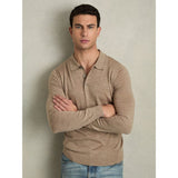 Reiss Trafford Merino Wool Long Sleeve Polo Shirt in Warm Taupe Melange