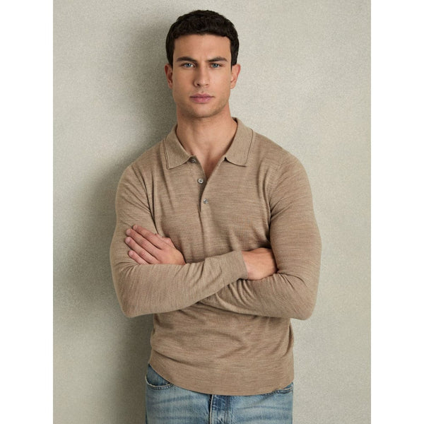 Reiss Trafford Merino Wool Long Sleeve Polo Shirt in Warm Taupe Melange