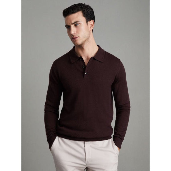 Reiss Trafford Merino Wool Polo Shirt In Dark Bordeaux