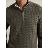 Reiss Tuscano Half-Zip Cable Knit Jumper With Wool in Khaki Green
