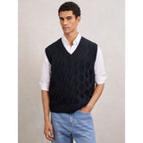 Reiss Walton Cable-Knit V-Neck Vest with Wool in Navy