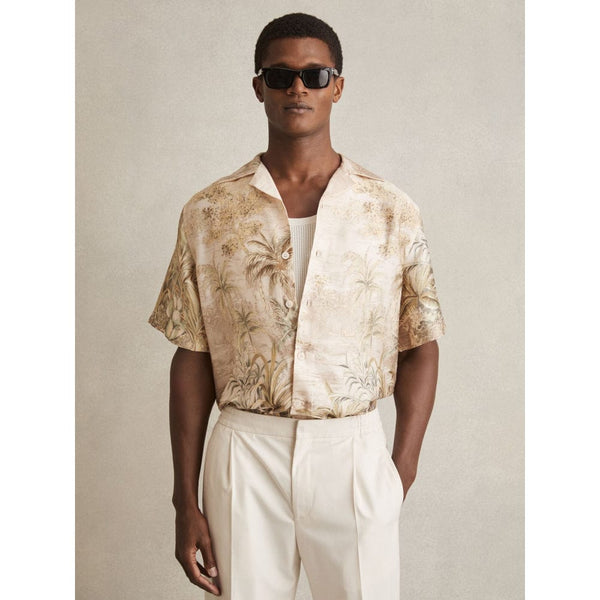 Reiss Yoshi Jungle Print Cuban-Collar Shirt in Soft Sage Green