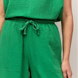 Ro&Zo Cheesecloth Drawstring Cuffed Trousers In Green