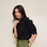 Ro&Zo Cheesecloth Frill Short Sleeve Shirt In Black