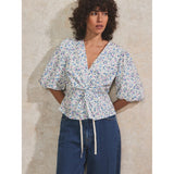 Ro&Zo Ditsy-Print Twist-Front Blouse In Blue Ivory