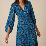 Ro&Zo Floral Print Ruched Waist Dress In Blue