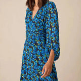 Ro&Zo Floral Print Ruched Waist Dress In Blue