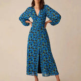 Ro&Zo Floral Print Ruched Waist Dress In Blue