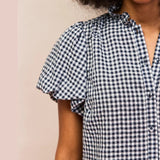 Ro&Zo Gingham Gathered-Sleeve Shirt In Navy