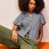 Ro&Zo Gingham Gathered-Sleeve Shirt In Navy
