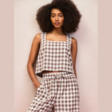Ro&Zo Linen Blend Square Neck Top In Brown Gingham