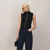 Ro&Zo Pearl Button Through Knit Top With Wool And Alpaca In Black