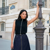Ro&Zo Pearl Button Through Knit Top With Wool And Alpaca In Black